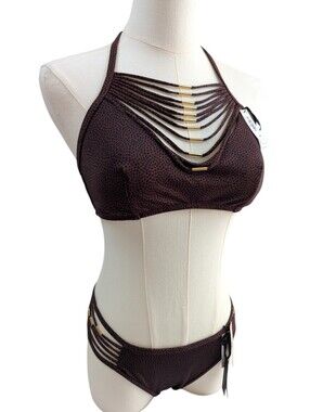 Victoria's Secret Burgundy Dots Bikini Set Strappy Hardware Brazilian Size M/S